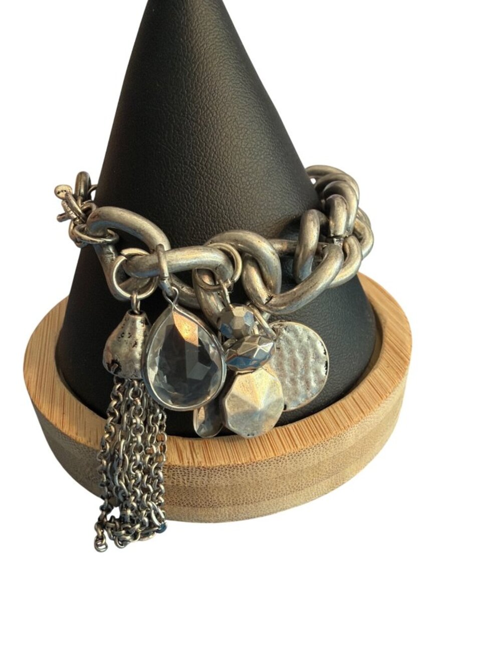 Chunky Silver Chain Link Bracelet Charms Crystal Tassel Toggle Clasp 8.5" Bold
